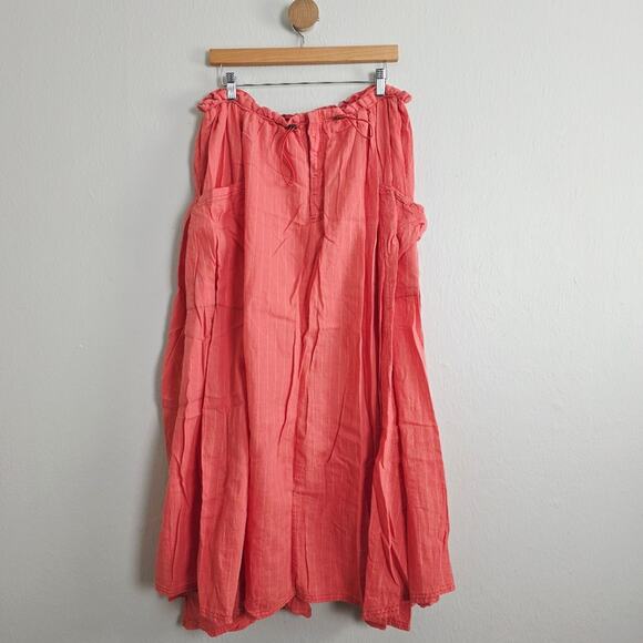 Free People Coral Orange Striped Linen Blend Midi Skirt Drawstring Pockets M - Picture 2 of 14